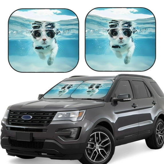 Zufioo Swimming Cat Goggles Print Folding Car Windshield Sun Visor, Anti-ultraviolet Sun Visor, Suitable for Trucks, Vans Car Accessories-Small