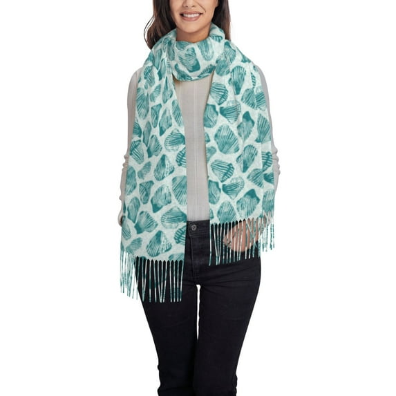 Zufioo Teal turquoise shell Print Long Plush Tassel Scarf, Winter Shawl Accessories for Women