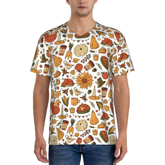 Zufioo Thanksgiving Food Print Men's Baseball Short Sleeve, Moisture Wicking Button-Down Hip Hop Tee-X-Large