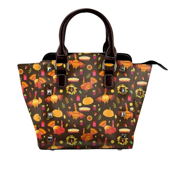 Zufioo Thanksgiving Turkey Print Leather Rivet Shoulder Bag, Microfiber PU Leather Adjustable Shoulder Strap Handbag, Ideal Gift for Women-One Size