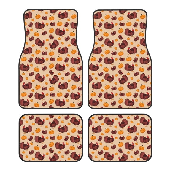 Zufioo Thanksgiving Turkey and Pumpkin Print Car Floor Mats Four-piece Set, Car Interior Accessories - Corrosion-resistant, Non-Slip, Suitable for Cars, Trucks, Vans