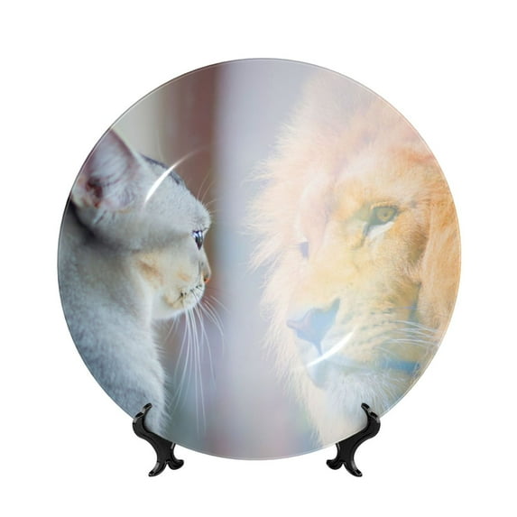 Zufioo The Cat Looks in the Mirror Print Bone China Decorative Plate, Ceramic Dinner Plate with Stand Ceramic Decoration Homewares-6in