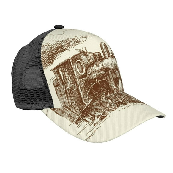 Zufioo Train Print Mesh Baseball Cap, Adjustable Sport Travel Hat Accessory for Men and Women
