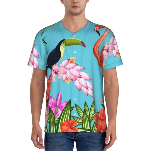 Zufioo Tropical Jungle Flamingo Print Men's Baseball Short Sleeve, Moisture Wicking Button-Down Hip Hop Tee-X-Large