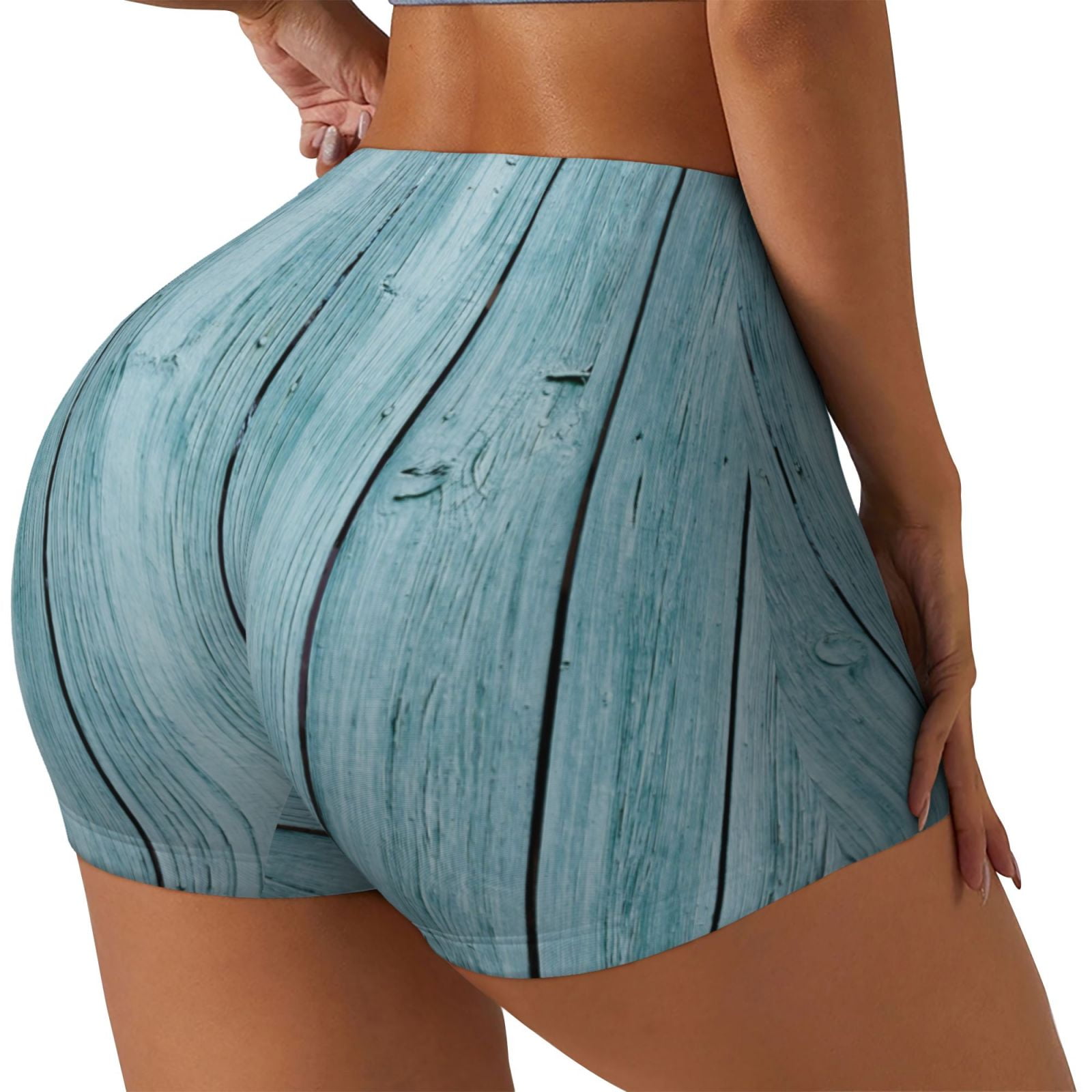 Zufioo Turquoise Wooden1 High Waist Yoga Shorts for Women Tummy Control