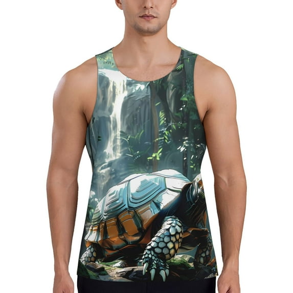 Zufioo Turtle In Jungle Waterfall Print Men's Vest, Sleeveless Quick-drying Muscle T-shirt, Suitable for Sports Fitness, Home Leisure Wear-XX-Large