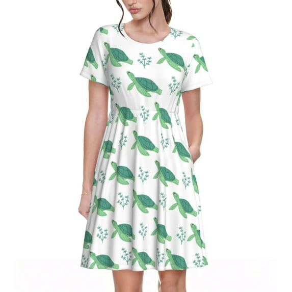 Zufioo Turtle Print Women's Short Sleeve Dress, Elastic Round Neck Pullover A-line Knee-length Dress, Suitable for Party, Vacation, Leisure