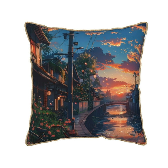 Zufioo Twilight Canal Reflection Print Velvet Border Throw Pillow Cover, Zipper Throw Pillow Protector for Cushions Sofa Bedroom Home Decorations-18"x18"