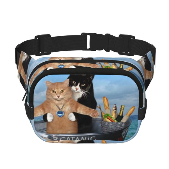 Zufioo Two Brave Cats Are Floating On The Sea Iceberg Print Square Double Layer Waist Bag, Durable & Stylish Fanny Pack with Zippered Pockets and Adjustable Strap for Outdoor & Daily