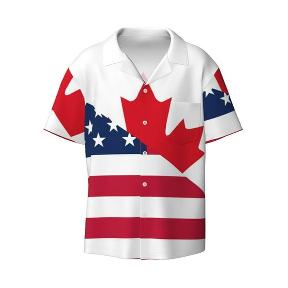 Zufioo USA Canada Flag Print Mens Button Down Short Sleeve Shirt,Classic Plaid Shirt,Mens Accessories Fashion Shirt-4X-Large