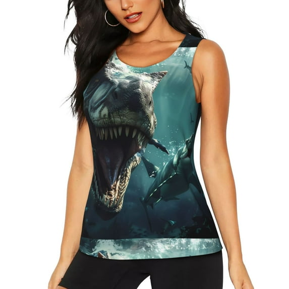 Zufioo Underwater Dinosaur Shark Print Women's Vest, Sleeveless Quick-drying Sports T-shirt, Suitable for Yoga, Running, Fitness-X-Large