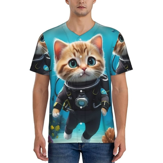 Zufioo Underwater Diving Cat Print Men's Baseball Short Sleeve, Moisture Wicking Button-Down Hip Hop Tee-Large