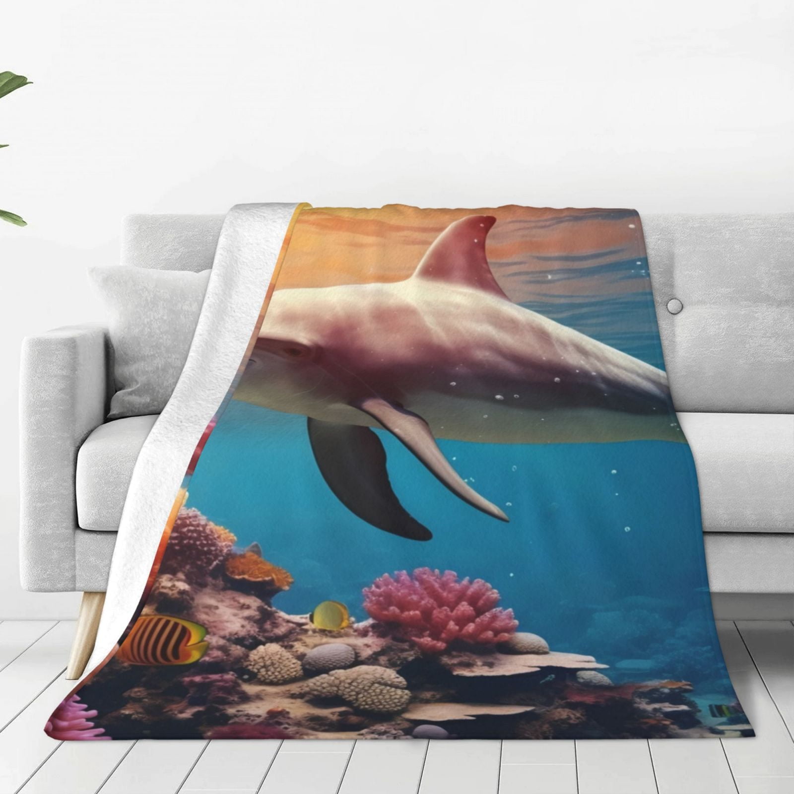 Zufioo Underwater Plant Dolphin Fleece Blanket Queen Size,Plush Bed