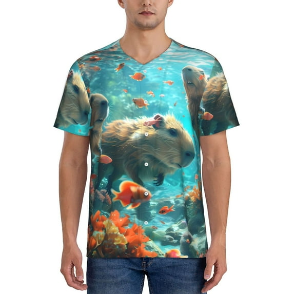 Zufioo Underwater Swimming Guinea Pig Print Men's Baseball Short Sleeve, Moisture Wicking Button-Down Hip Hop Tee-XX-Large