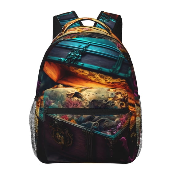 Zufioo Underwater Treasure Chest Print Casual Student Backpack, Adjustable Shoulder Straps Multi-Function Multi-Pocket Sports Bag Travel Backpack, Unisex-One Size
