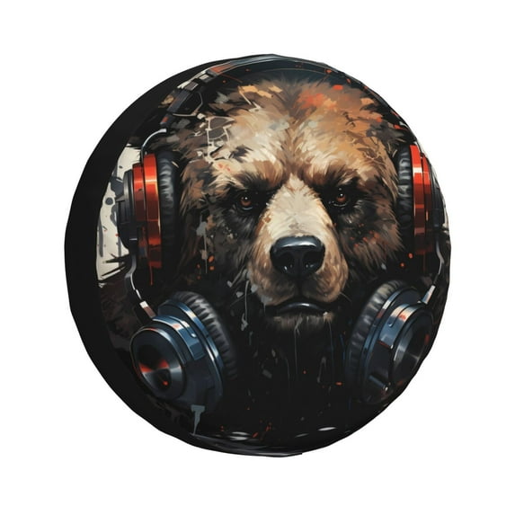 Zufioo Urban Bear With Headphones Print Car Tire Dust Cover, Adjustable Tire Protector Cover Anti-UV, Car Accessories for Trucks, SUVs, Vans-17 inch