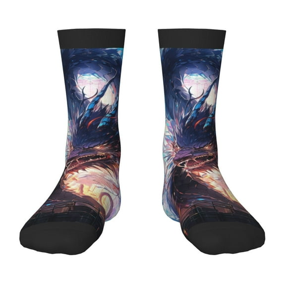 Zufioo Urban Style Colorful Dragon Print Children's Mid-tube Socks, Contrast Color High Elastic Sports Socks - Sweat-absorbent, Warm, Suitable for Children Aged 6-10