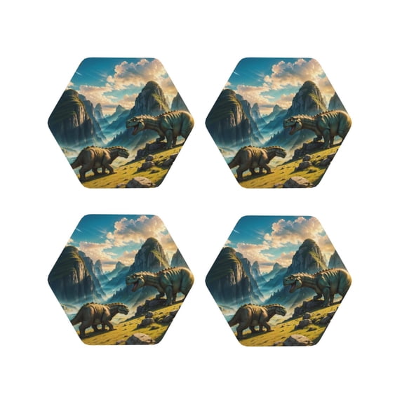 Zufioo Valley River Dinosaur Print Leather Coaster Set, Decorative PVC Coasters 4-pack - Scald and Stain-resistant, Suitable for Home, Cafes, Restaurants-Hexagon
