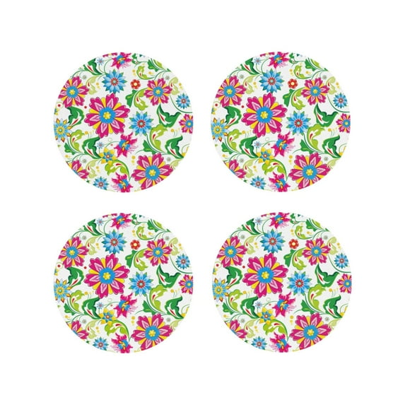 Zufioo Vector Mexican Otomi Style Bright Print Leather Coaster Set, Decorative PVC Coasters 4-pack - Scald and Stain-resistant, Suitable for Home, Cafes, Restaurants-Round Shape
