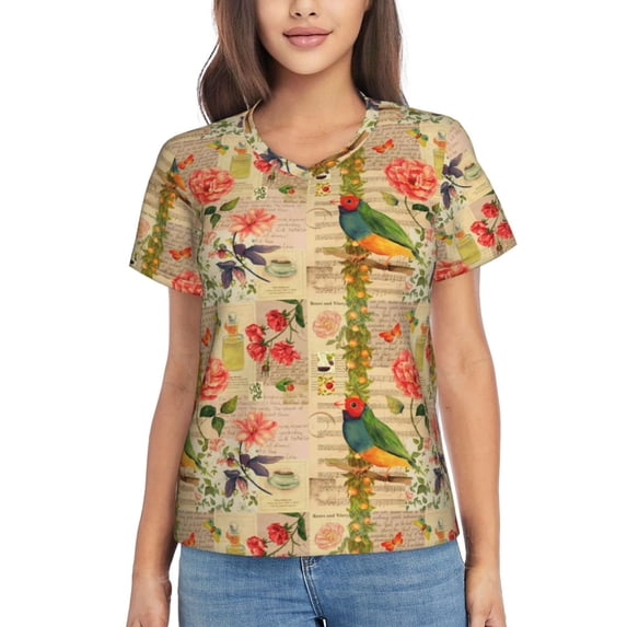 Zufioo Vintage Bird Print Women's Classic V-neck T-shirt, V-neck Short-sleeved Tops Home Wear, Suitable for Daily Life, Work, Outdoors-XX-Large