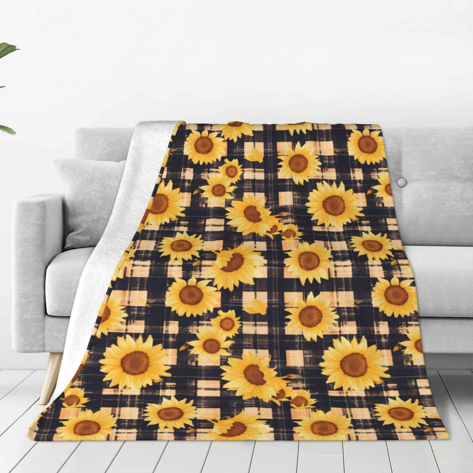 Zufioo Vintage Black White Plaid Sunflowe Fleece Blanket Queen Size