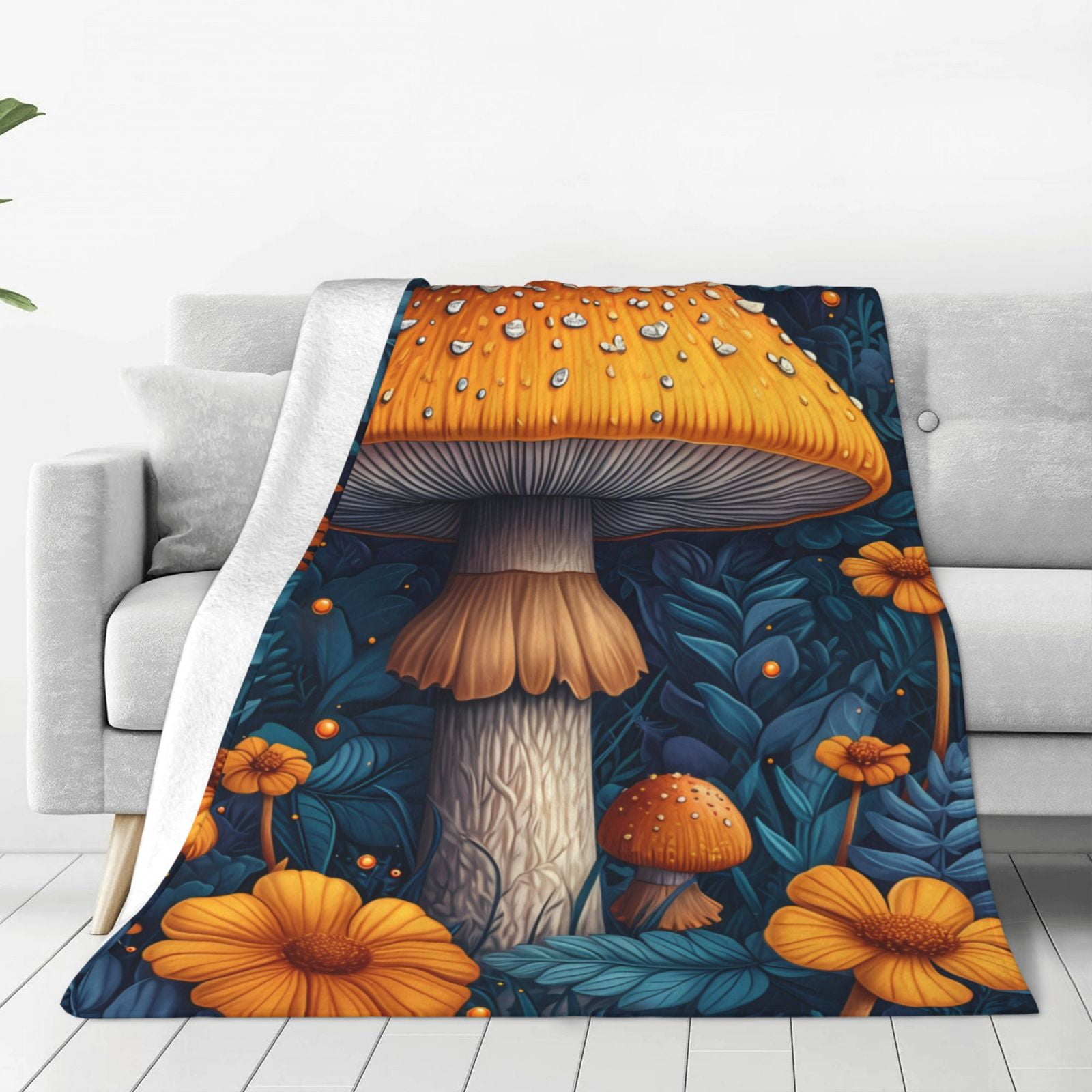 Zufioo Vintage Blue Leaf Mushroom Fleece Blanket Queen Size,Plush Bed