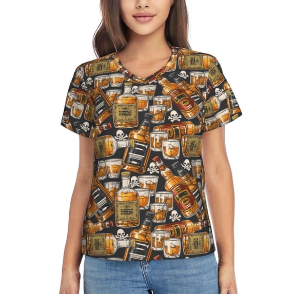 Zufioo Vintage Bottles Print Women's Classic V-neck T-shirt, V-neck Short-sleeved Tops Home Wear, Suitable for Daily Life, Work, Outdoors-Large