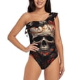 thumbnail image 1 of Zufioo Vintage Butterfly Flower Skull Print One-shoulder Ruffled One-piece Swimsuit, High Elastic Integrated Removable Chest Pad Swimsuit Suitable for Beach, Pool and Vacation-X-Large, 1 of 6