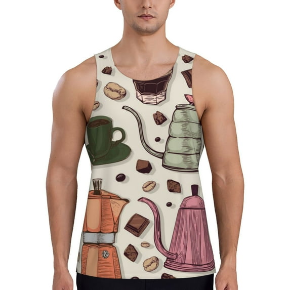 Zufioo Vintage Coffee Print Men's Vest, Sleeveless Quick-drying Muscle T-shirt, Suitable for Sports Fitness, Home Leisure Wear-Large