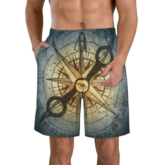 Zufioo Vintage Compass for Men's Casual Beach Shorts, Sports Fitness Quick-drying Drawstring Shorts with Pockets for Home Wear-Small