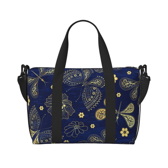 Zufioo Vintage Golden Butterfly Pattern Hand-held Travel Bag, Waterproof Adjustable Shoulder Strap Crossbody Duffel Bag, Suitable for Work, Short trips, Sports