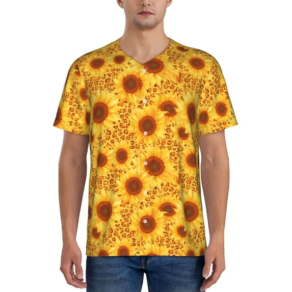 Zufioo Vintage Leopard Print Sunflower Print Men's Baseball Short Sleeve, Moisture Wicking Button-Down Hip Hop Tee-XX-Large