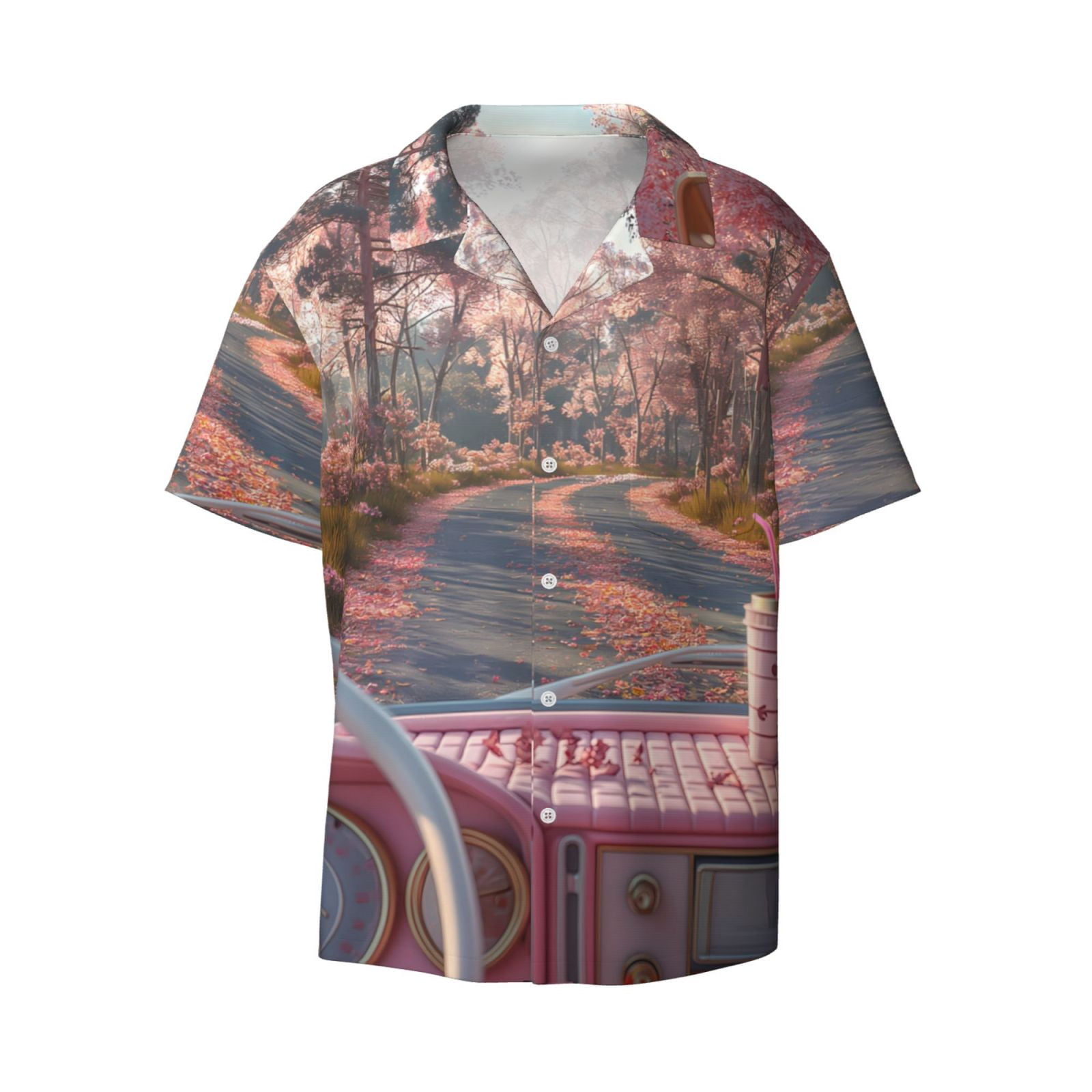 Zufioo Vintage Pink Drive View Print Mens Button Down Short Sleeve