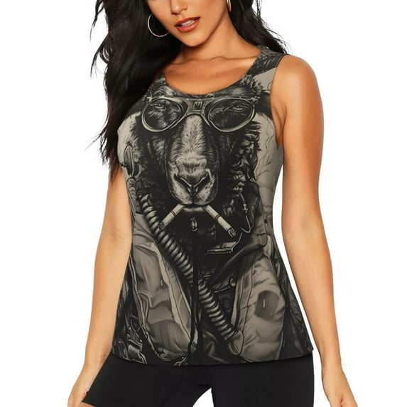 Zufioo Vintage Ram Pilot Print Women's Vest, Sleeveless Quick-drying Sports T-shirt, Suitable for Yoga, Running, Fitness-Small