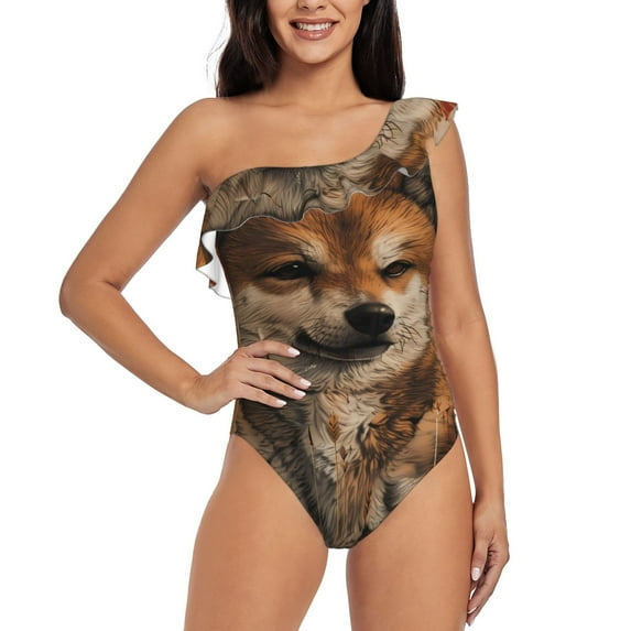 Zufioo Vintage Shiba Inu Art Print One-shoulder Ruffled One-piece Swimsuit, High Elastic Integrated Removable Chest Pad Swimsuit Suitable for Beach, Pool and Vacation-X-Large