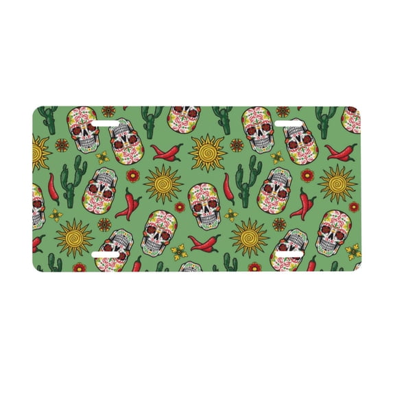 Zufioo Vintage Sugar Skull Print Car Aluminum Front License Plate, 12x6 Inch Decorative Personalized Car License Plate Car Accessories