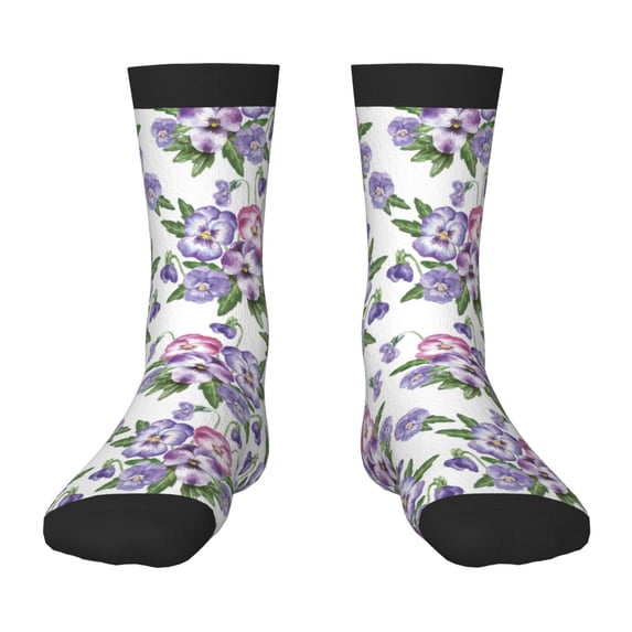 Zufioo Violets Flowers Print Children's Mid-tube Socks, Contrast Color High Elastic Sports Socks - Sweat-absorbent, Warm, Suitable for Children Aged 6-10