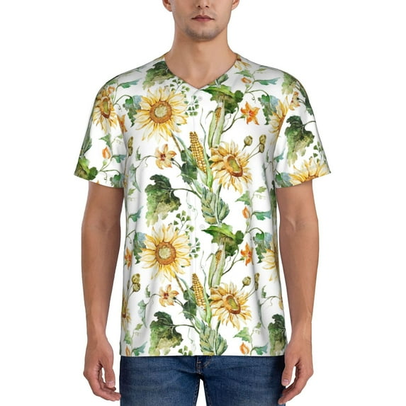Zufioo Watercolor Bright Sunflowers Print Men's Baseball Short Sleeve, Moisture Wicking Button-Down Hip Hop Tee-4X-Large