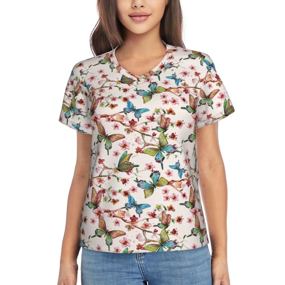 Zufioo Watercolor Floral With Butterflies Print Women's Classic V-neck T-shirt, V-neck Short-sleeved Tops Home Wear, Suitable for Daily Life, Work, Outdoors-Medium