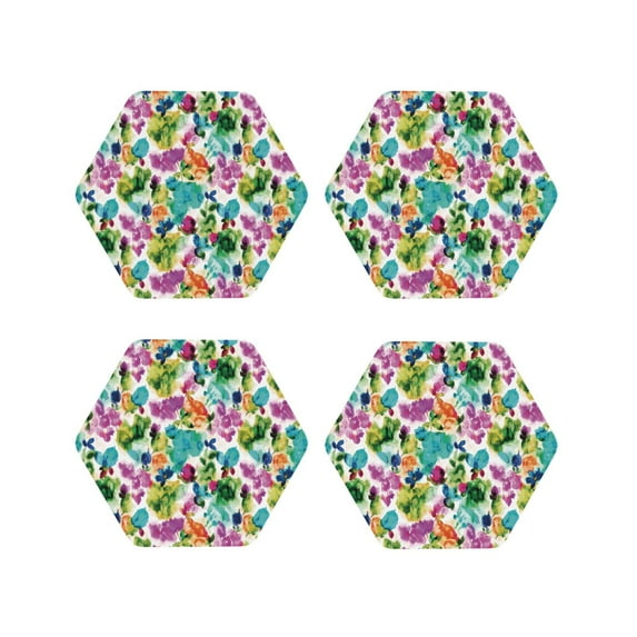 Zufioo Watercolor Flowers Print Leather Coaster Set, Decorative PVC Coasters 4-pack - Scald and Stain-resistant, Suitable for Home, Cafes, Restaurants-Hexagon