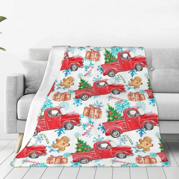 Zufioo Watercolor Red Truck And Fir Tree Fleece Blanket Queen Size,Plush Bed Blanket,Ultra Soft Throw Blanket,Plush Fuzzy Cozy Blanket Perfect for Bed,Couch-80"x60"