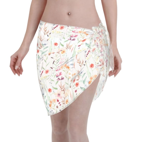 Zufioo Wildflower Watercolor 4 Print Women's Beach Short Wrap Skirt, Short Quick-drying Wrap Skirt, Swimsuit Cover-up Sun Protection Cape, Suitable for Beach, Pool-One Size