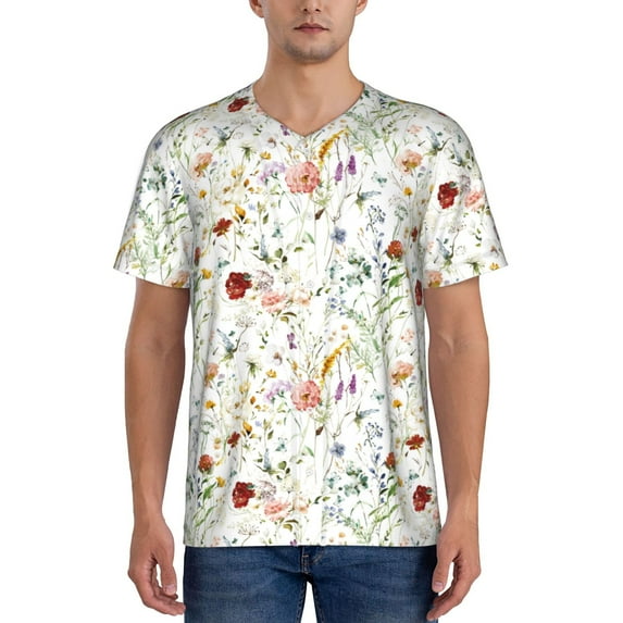 Zufioo Wildflower Watercolor Print Men's Baseball Short Sleeve, Moisture Wicking Button-Down Hip Hop Tee-Small