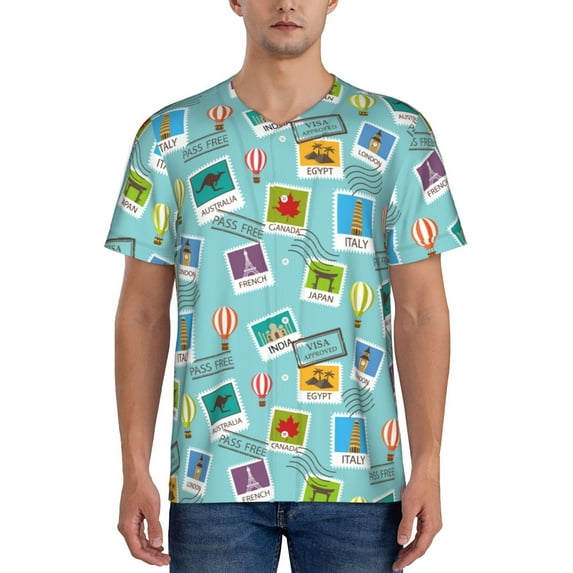 Zufioo World Travel1 Print Men's Baseball Short Sleeve, Moisture Wicking Button-Down Hip Hop Tee-Medium