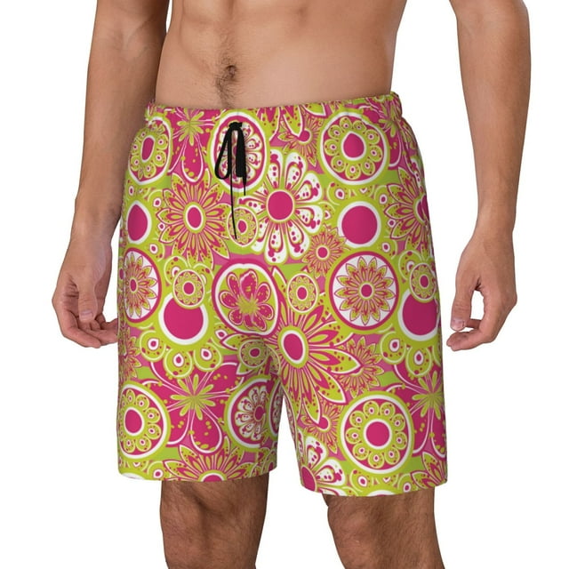 Zufioo Yellow Flowers Mens Swimsuit Trunks with Compression Liner,Quick