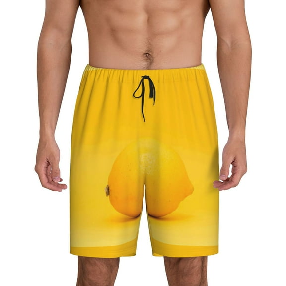 Zufioo Yellow Lemon Print Men's Short Pajamas, Home Wear Pocket Summer Pajamas-4X-Large