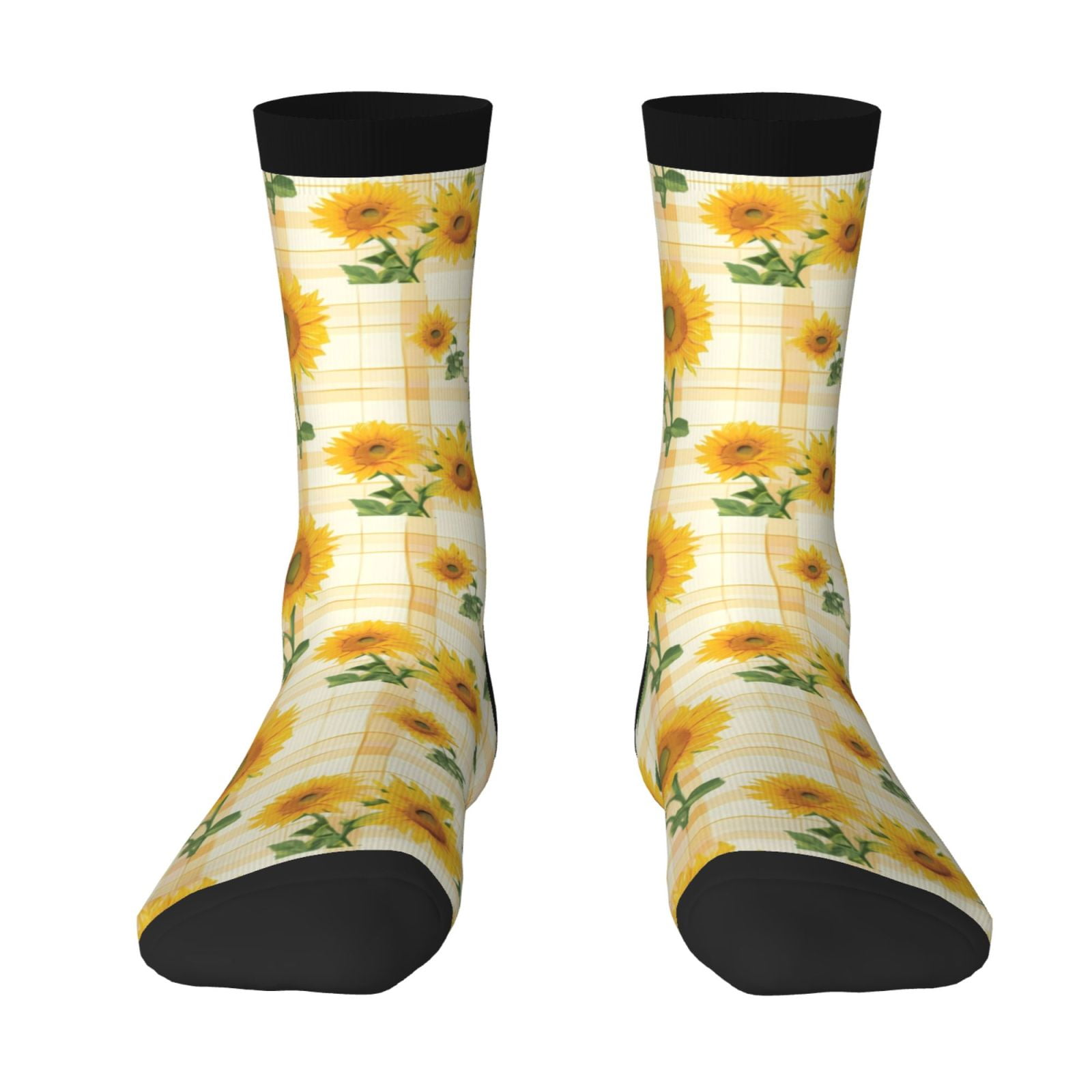 Zufioo Yellow White Plaid Sunflower Print Thigh High Socks,Knee High