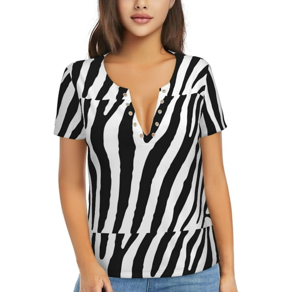 Zufioo Zebra for Women's Deep V-neck Short-sleeved T-shirt, Top with Short Sleeves - with Stainless Steel Buckle, Moisture Wicking, Ideal Home Wear-Small