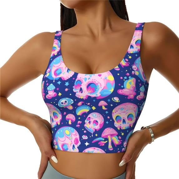 Zufioo colorful Skull mushroom rainbow Print Women's Sports Vest, U-shaped Removable Chest Pad Sports Backless Top, Suitable for Fitness and Bodybuilding, Leisure and Daily Life-Small