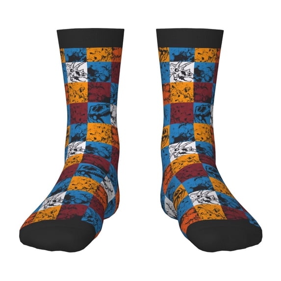 Zufioo colorful plaid Dinosaur Print Children's Mid-tube Socks, Contrast Color High Elastic Sports Socks - Sweat-absorbent, Warm, Suitable for Children Aged 6-10